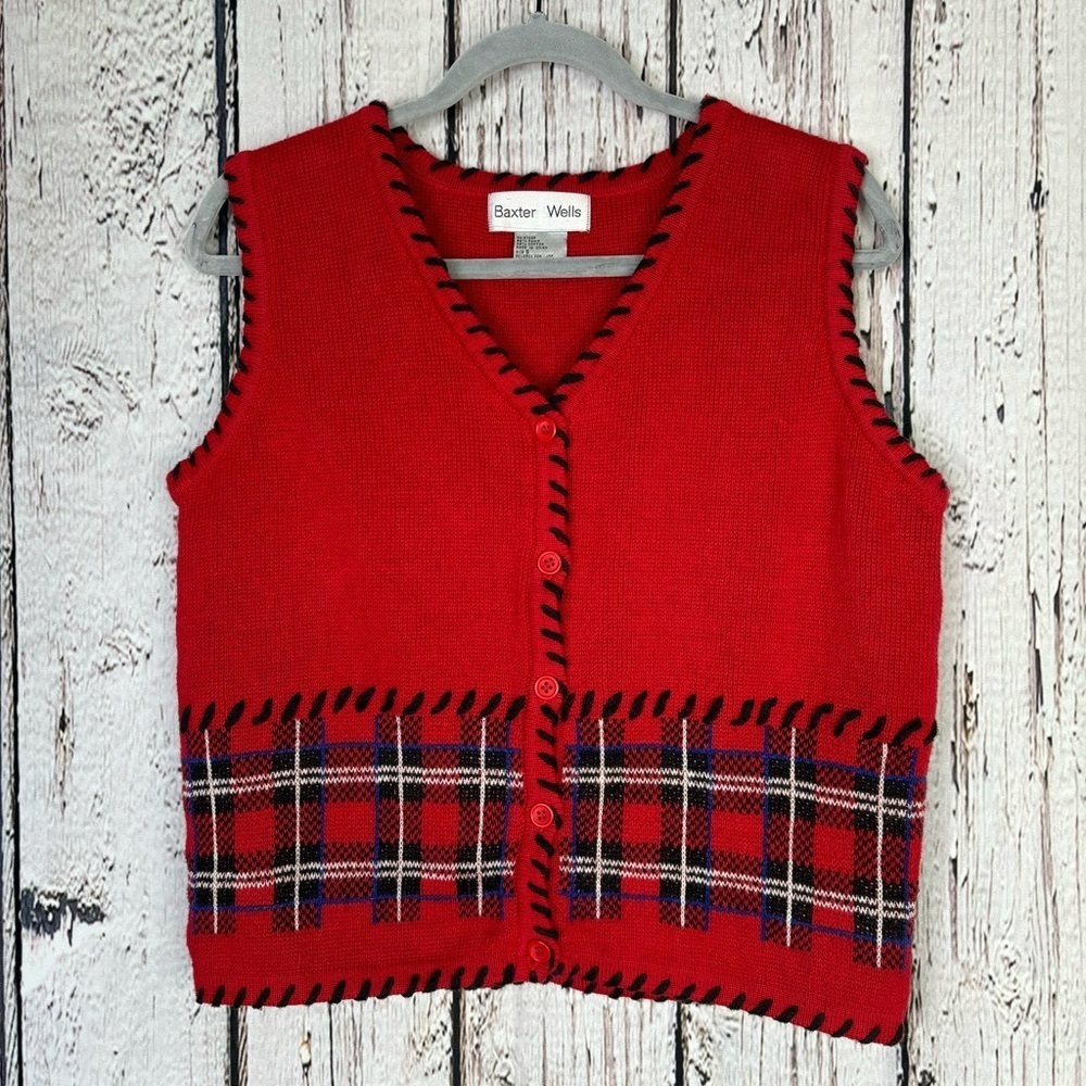 Baxter & Wells Vintage 1990s Red Plaid Sweater‎ Vest Button Down V-Neck SZ Small